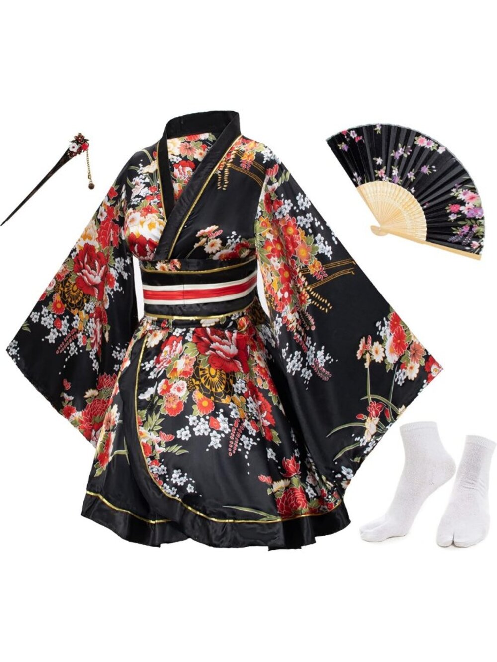 Anime-Inspired Women's Dance Kimono Robe with Silk Folding Fans & Tabi Socks Set